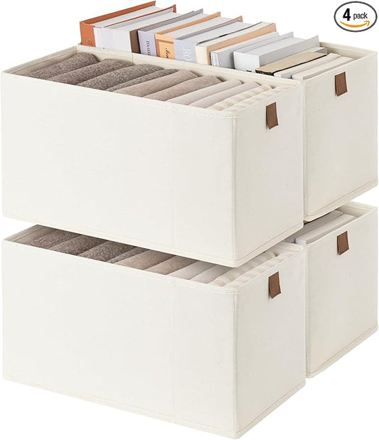 StorageWorks Small Storage Bins, Fabric Storage Bins, Narrow Baskets for Shelves with PU Handle, Perfect for Clothes, Towels, and Light Blankets, Beige, 4-Pack