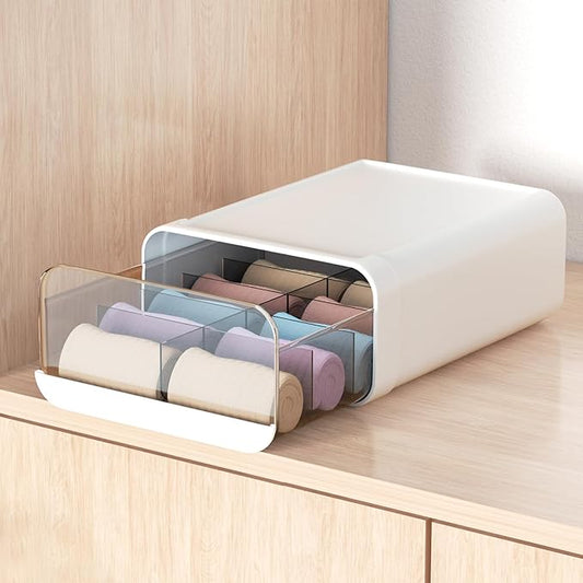Underwear Organizer Drawer, 10 Cells Plastic Sock Underwear Storage Drawer, Stackable Closet Organizers and Storage Box for Bras, Socks, Scarves, Ties, Belt (Queen Size-White, 1 Pcs)