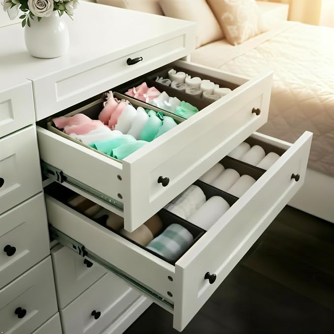 Sock Drawer Organizer 3 Pack - Foldable Fabric Storage Bins for Underwear Divider, Small Closet Organizers with 3 Compartments, Light Gray