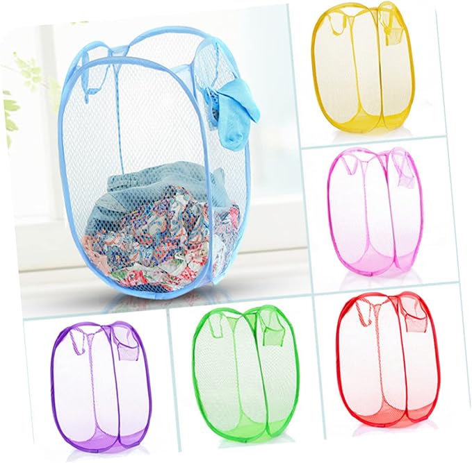 Pop-up Laundry Hamper Foldable Mesh Dirty Clothes Basket with Side Pocket for College and Spaces Pink