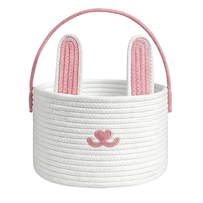 Woven Easter Basket - Cotton Rope Container, Easter Bunny Baskets with Handle for Boys Girls Candy Toys Snacks Party Holiday Spring Festival Gift Basket Kids Adults Decorative Storage Fun