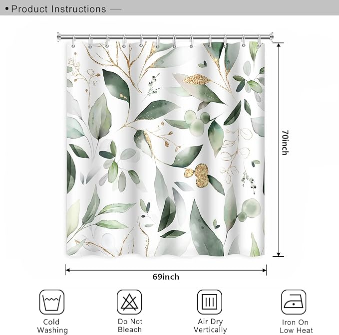 Abstract Eucalyptus Leaves Shower Curtains Sage Green Gold Branches Leaf Nature for Bathroom Farmhouse Style Home Decor Waterproof Polyester Fabric Shower Curtain with Hooks, 69x70 Inch
