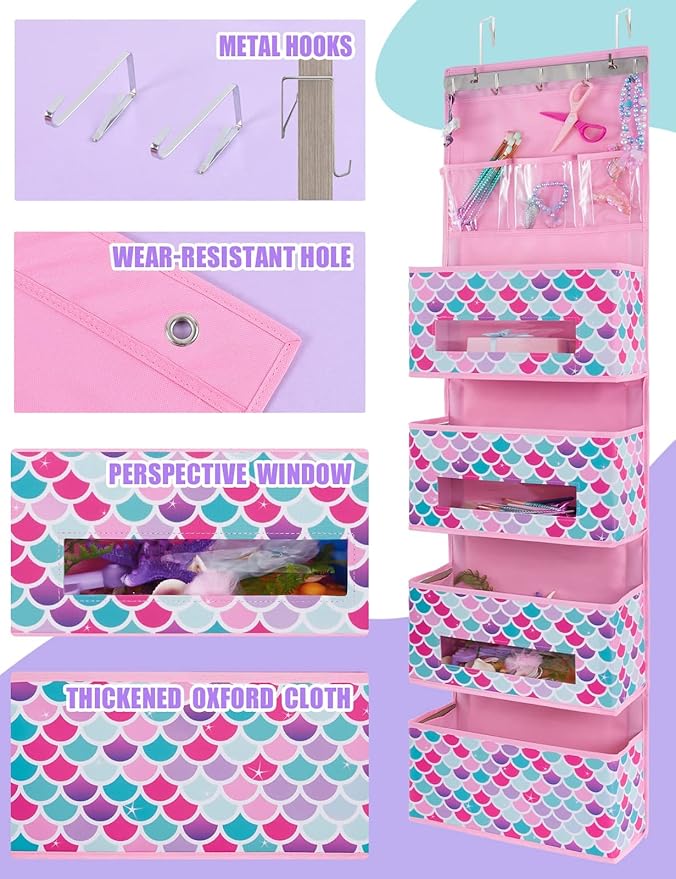 WERNNSAI Mermaid Door Hanging Organizer - Over The Door Storage with 4 Large and 3 PVC Pockets Baby Storage Toys Towels Sundries for Kids Girls Room Nursery Bedroom