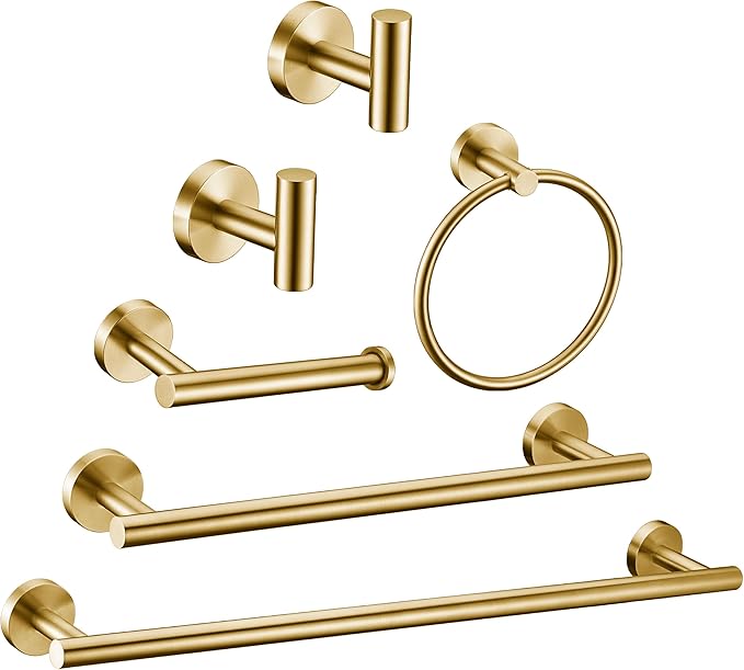 6 Pieces Brushed Gold Bathroom Hardware Accessories Set Hand Towel Ring 16&23.6 Inch Round Towel Bar Gold Toilet Paper Holder Towel Hooks 2 Pieces SUS 304 Stainless Steel, Heavy Duty, Wall Mounted