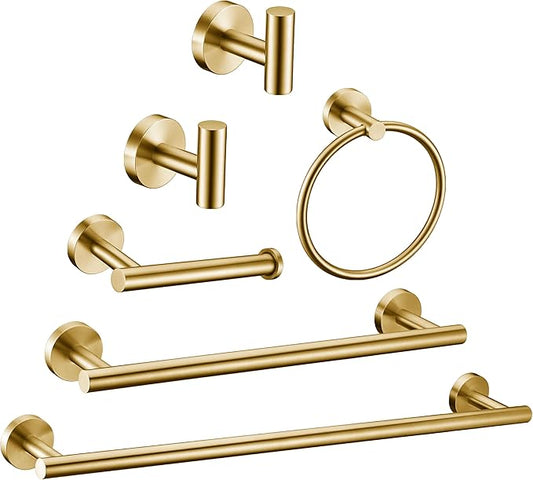 6 Pieces Brushed Gold Bathroom Hardware Accessories Set Hand Towel Ring 16&23.6 Inch Round Towel Bar Gold Toilet Paper Holder Towel Hooks 2 Pieces SUS 304 Stainless Steel, Heavy Duty, Wall Mounted