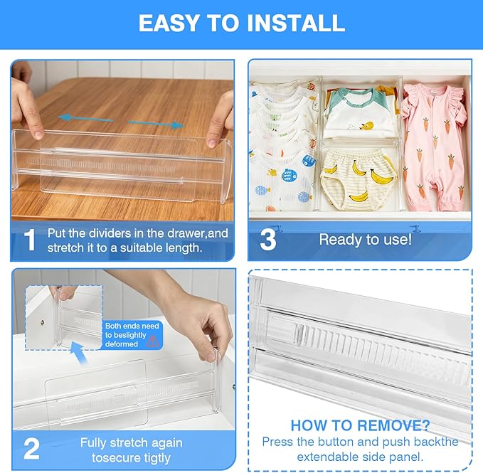 4Pack Drawer Dividers for Clothes, 4" High Adjustable Expandable Dresser Drawer Organizer, Clear Plastic Separators for Dresser, Underwear, Cosmetic, Toiletries