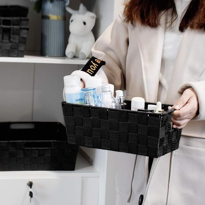 homyfort Woven Black Storage Baskets Shelf Tote Boxes Container, Durable Storage Organizer Bins with Built-in Handles for Bedroom, Office, Closet, Kids Room, Nursery, 3-Pack,11.4”x 6.5”x 4.5”