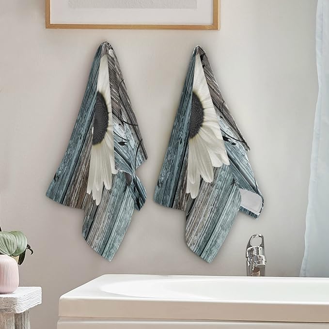 Hand Towels for Bathroom Set of 2 Farmhouse Floral Rustic White Daisy Flower Teal Blue Wooden Plank Soft Absorbent Small Bath Towels Decorative Kitchen Guest Dish Towel for Gym,Spa 28x14in