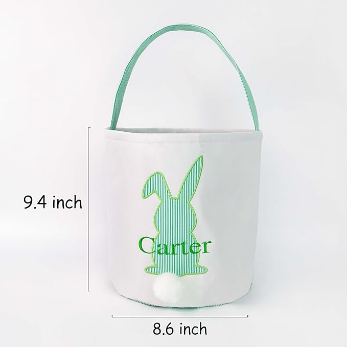 MT WORLD Toddler Easter Bunny Basket Personalized Easter Egg Bucket for Kids with Name Canvas Rabbit Bucket Tote for Baby Boys Girls Easter Egg Hunts Decorations Candy Gifts Storage (Green Bunny)