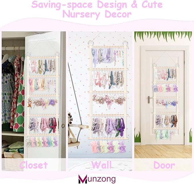 Munzong Headband Holder 52x17 inch, 2 Pack Bow Organizers for Baby Girls, Large Nursery Wall Hanging Back Door Bow Holder Shelf w/ 60 Hooks, 5 Tier Hair Accessories Organizer Storage for Toddler Kids