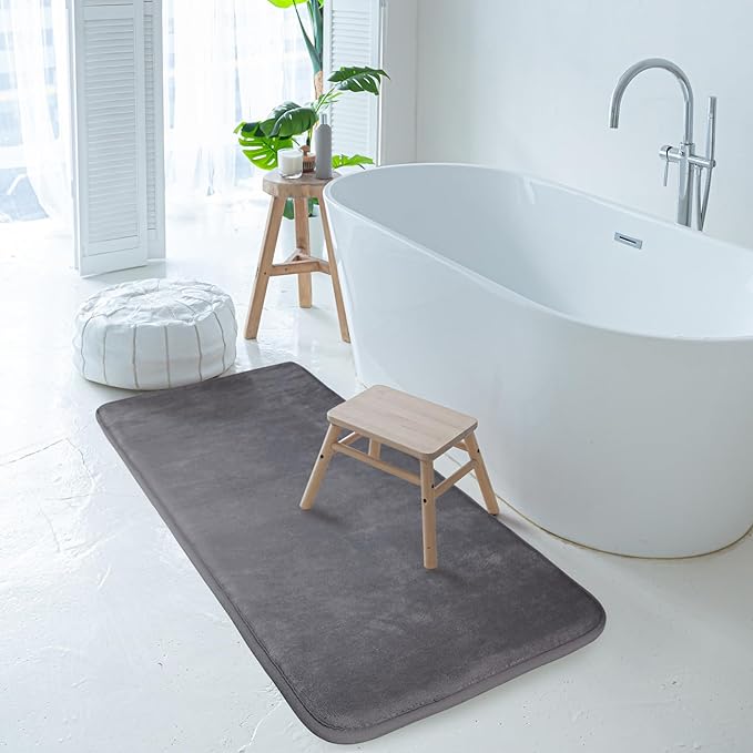 Grey Bathroom Rug Set of 2 Memory Foam Bath Mat Runner Set Non Slip Washable Floor Mats Soft Absorbent Plush Microfiber Shower Tub Bathmat Gray