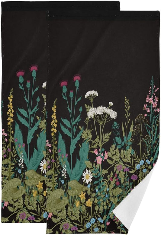 2 Pcs Green Herbs Wild Flower Decorative Hand Towels for Bathroom,Soft Absorbent Vintage Spring Floral Botanical Black Dish Towels for Kitchen,Quick Dry Guest Bathroom Towels for Face 14"x28"
