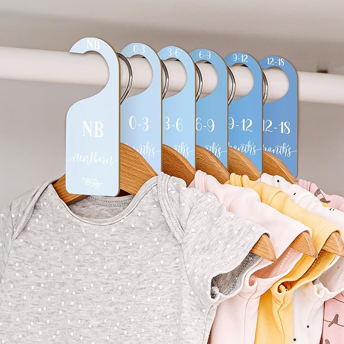 Whaline 7Pcs Blue Wood Baby Closet Size Dividers with Velvet Bag Newborn to 24 Month Thicken Infant Wardrobe Hanger Organizers for Home Nursery Party Favors Supplies