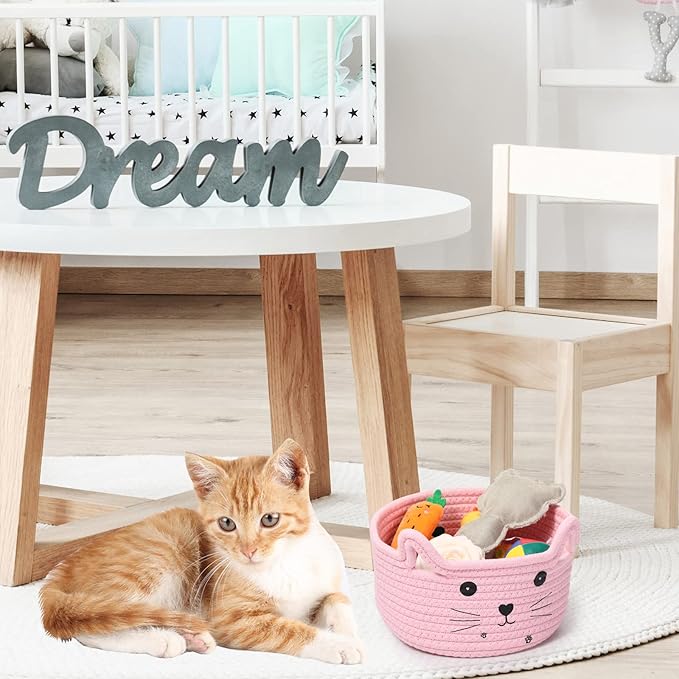 Zopeal Cat Basket Storage Woven Organizer with Ears Christmas Decorative Pet Toy Cute Cotton Rope Basket for Gift Cat Dog Toy Bin Nursery Room(8.3 x 4.7 Inch,Pink)