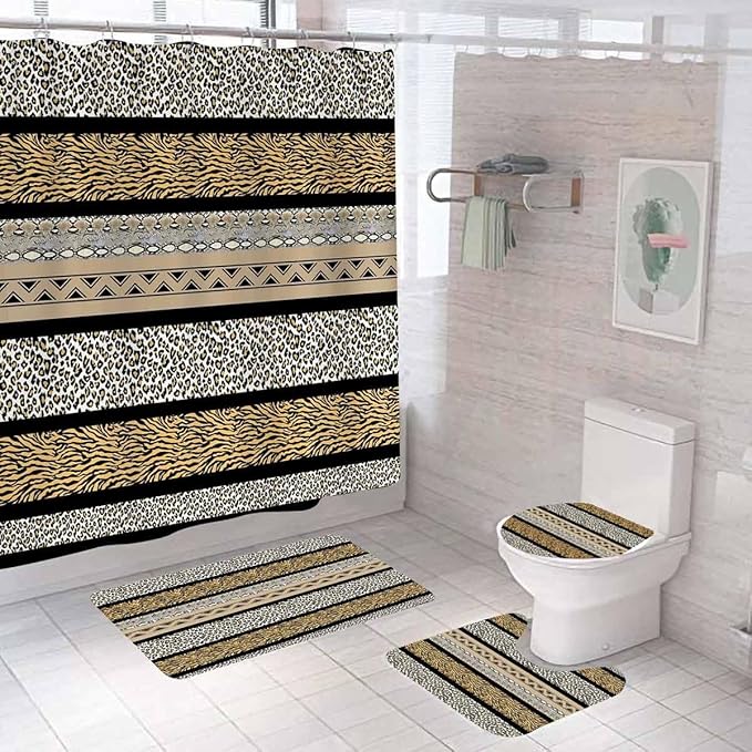 4PCS Leopard Print Shower Curtain Sets with Rugs, Waterproof Fabric Shower Curtain, Gold Black Striped Patchwork Cheetah Print Tiger Snake Safari Wildlife Animal Skin Modern Bathroom Decor