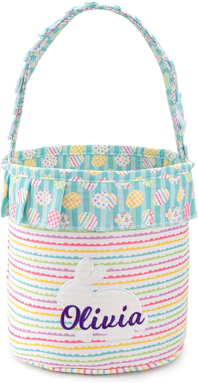MT WORLD Toddler Easter Bunny Basket Personalized Easter Egg Bucket for Kids with Name Rabbit Ruffle Bucket Tote for Baby Boys Girls Easter Egg Hunts Decorations Candy Gifts Storage (Rainbow)
