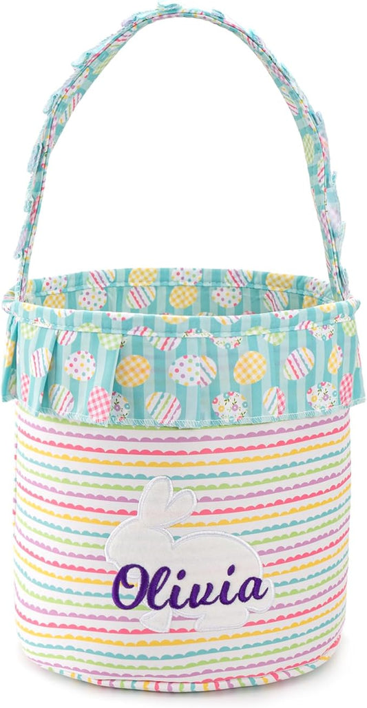 MT WORLD Toddler Easter Bunny Basket Personalized Easter Egg Bucket for Kids with Name Rabbit Ruffle Bucket Tote for Baby Boys Girls Easter Egg Hunts Decorations Candy Gifts Storage (Rainbow)