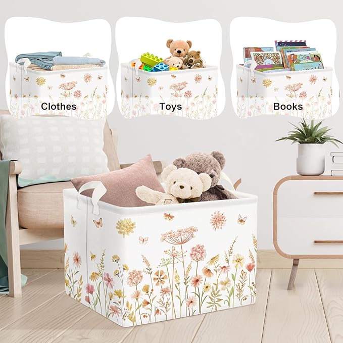 Clastyle Boho Flower Nursery Bin Spring Summer Wildflower Floral Dandelion Plant Butterfly Baby Girl Gift Basket Rectangle Clothes Towel Basket Book Toy Chest