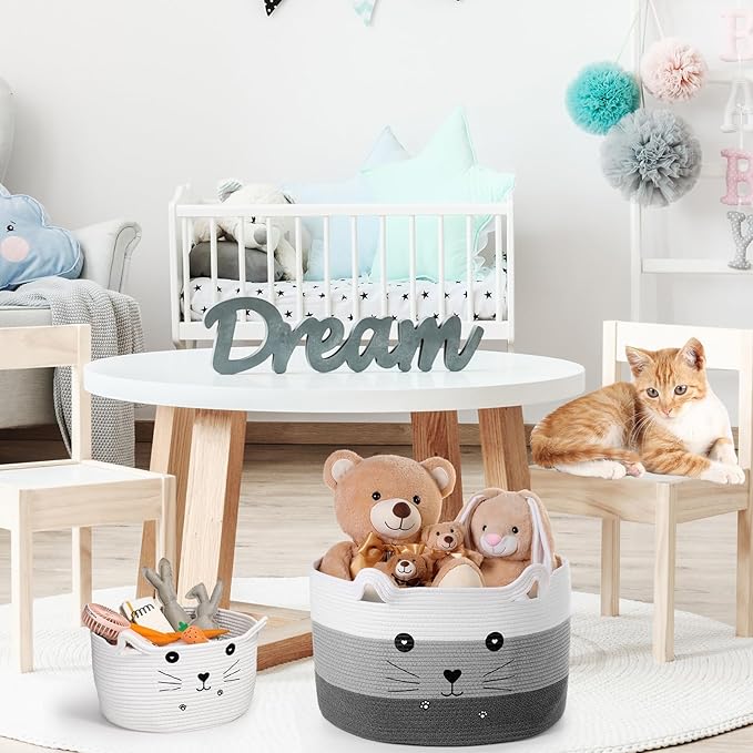 Zopeal Cat Basket Storage Woven Organizer with Ears Christmas Decorative Pet Toy Cute Cotton Rope Basket for Gift Cat Dog Toy Bin Nursery Room(21.7 x 13.8 Inch,White, Light Gray and Gray)