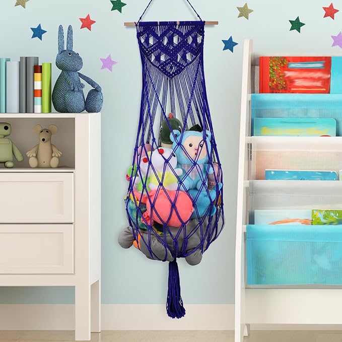 Stuffed Animal Hammock w/LED Star Light, 63 Inch Jumbo Toy Hammock Wall Hanging Plushie Net Holder for Boho Nursery Teddy Decor, Navy Blue Stuffed Animal Storage Organizer for Kid Girls Boys Gift