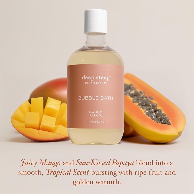 Deep Steep Mango Papaya Bubble Bath for Women, Hypoallergenic, Clinically Tested, Clean Formula for Sensitive Skin, Sulfate-Free, 17 fl oz Bottle, Essential Bath Accessories