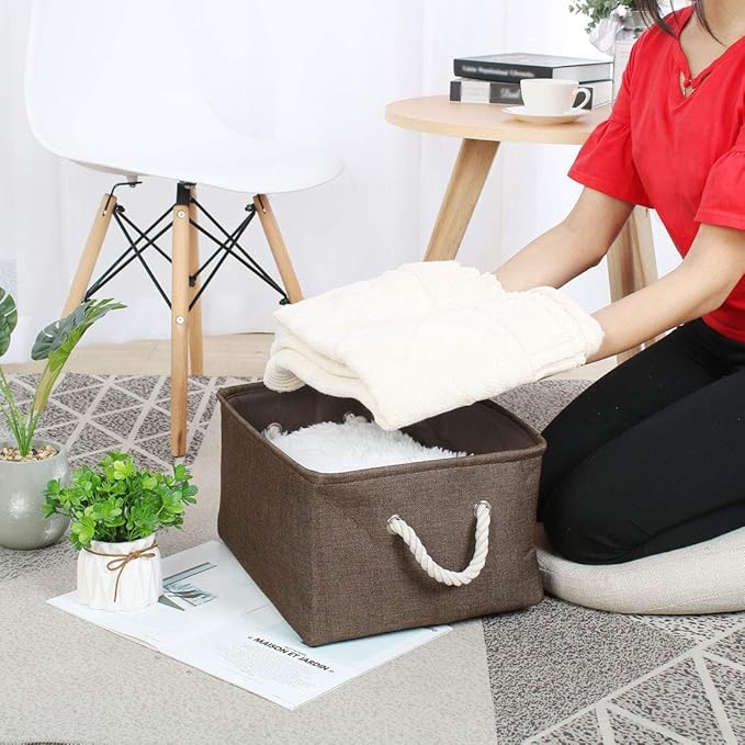 uxcell Fabric Storage Basket with Dual Handles, Collapsible Storage Bins for Toys Laundry Clothes Storage, Home Organizer for Bedroom Office Closet Chocolate Color Medium
