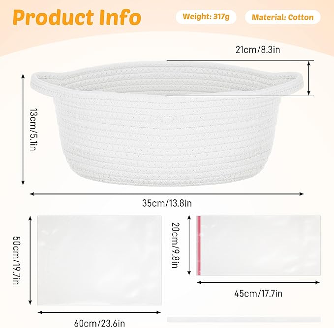 Small Woven Basket with Gift Bags and Ribbons, Durable Baskets for Gifts Empty, Rope Basket for Storage Baby Toy Baskets with Handles, White