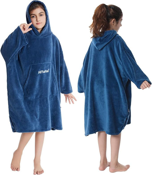 Hiturbo Kids Towel Changing Robe: Soft Plush Wearable Blanket - Warm Coral Fleece Hoodie - Swim Surf Poncho for 5-12 Years (Navy)