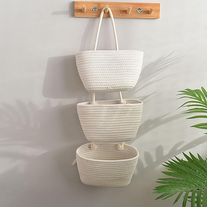 YYaaloa White Woven Cotton Hanging Baskets for Organizing Decor 3-Tier Over the Door Wall-Mounted Storage Bag Nursery Baskets for Organizing Living Room, Bathroom and Bedroom (White)