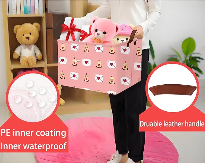 Large Valentine's Day Basket Heart Shaped Storage Bin for Gifts Collapsible Organizer Room Decor (Pink Candle Envelope Love)
