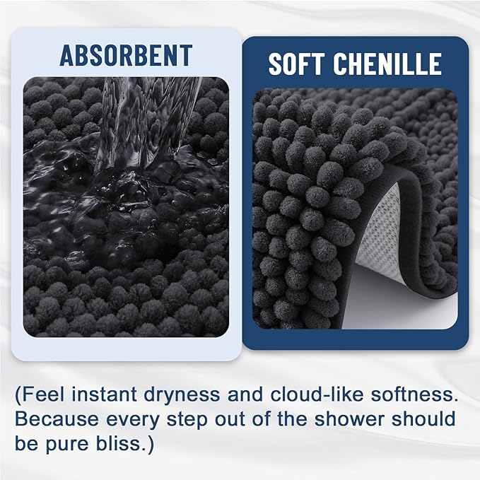 Grandaily Chenille Striped Bathroom Rugs 30x20, Extra Thick and Soft Absorbent Bath Mats, Rubber Backing, Plush Shaggy Shower Carpet, Machine Wash Dry, Bath Rug for Bathroom, Charcoal