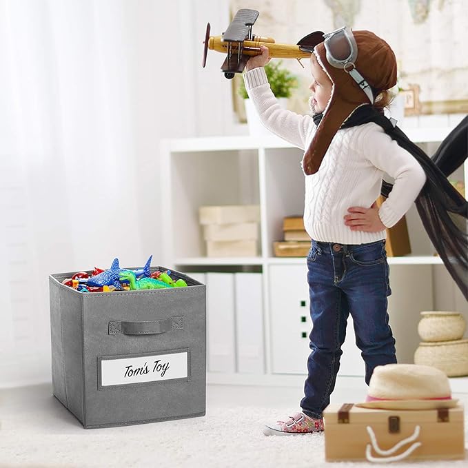 artsdi Fabric storage cubes (Set of 8) 11 Inch Cube Storage Bin, cube storage with 8 Labels Window Cards & a Pen, Foldable cube organizer bins, 11x11 storage bin, Cubby Organizer bins, Gray