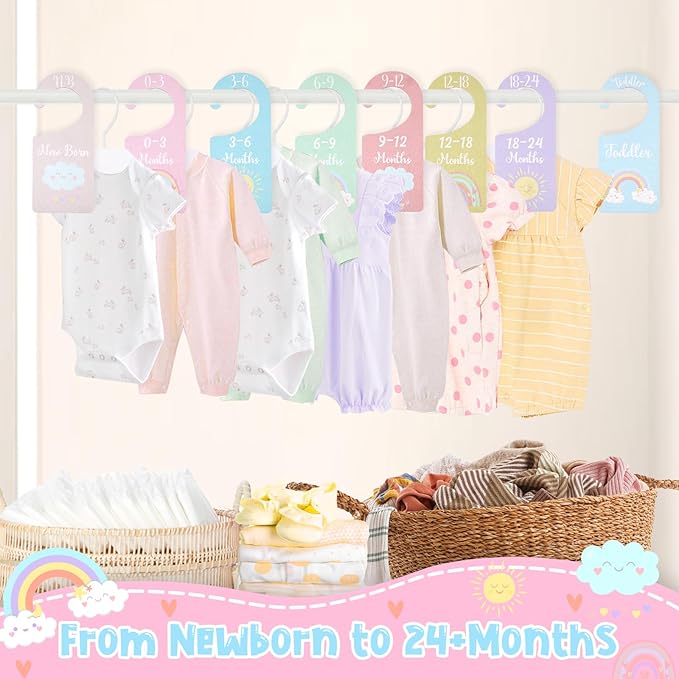 Baby Closet Dividers 8PCS, Pastel Rainbow Theme Wooden Double-Sided Clothes Size Hanger Organizer from Newborn to Toddler for Nursery Decor Baby Shower Birthday Gift