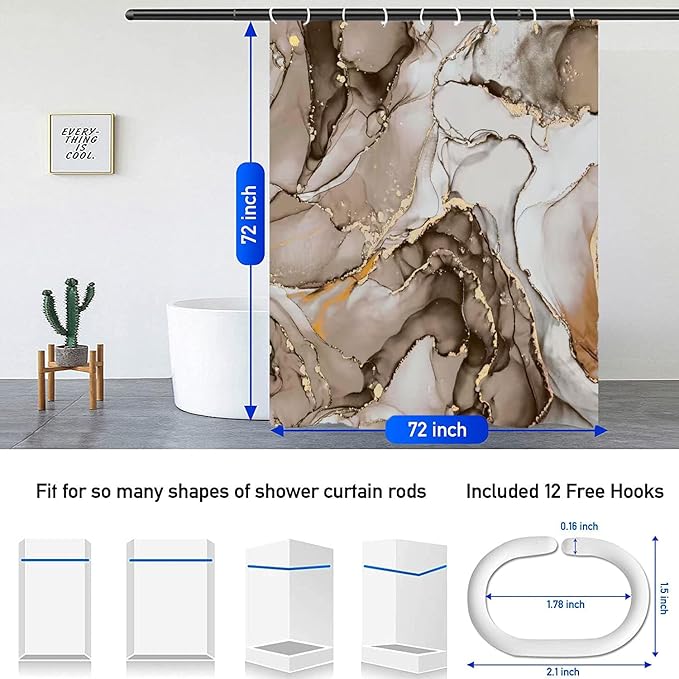 4Pcs Luxury Brwon Marble Pattern Shower Curtain Set with 12 Hooks Non-Slip Rugs,Toilet Lid Cover and Bath Mat, Stylish Bathroom Decor for Hotel & Home Bathroom
