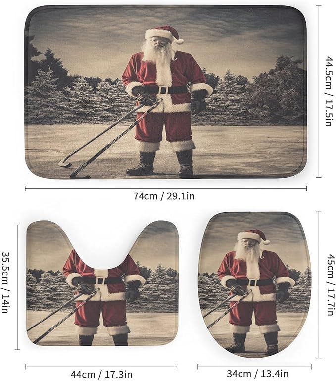 4 Piece Shower Curtain Sets Shower Curtain and Rugs Shower Curtain Set Santa Claus Playing Hockey Ice Skate Sport Durable and Waterproof Hockey Player for Bathroom Decor