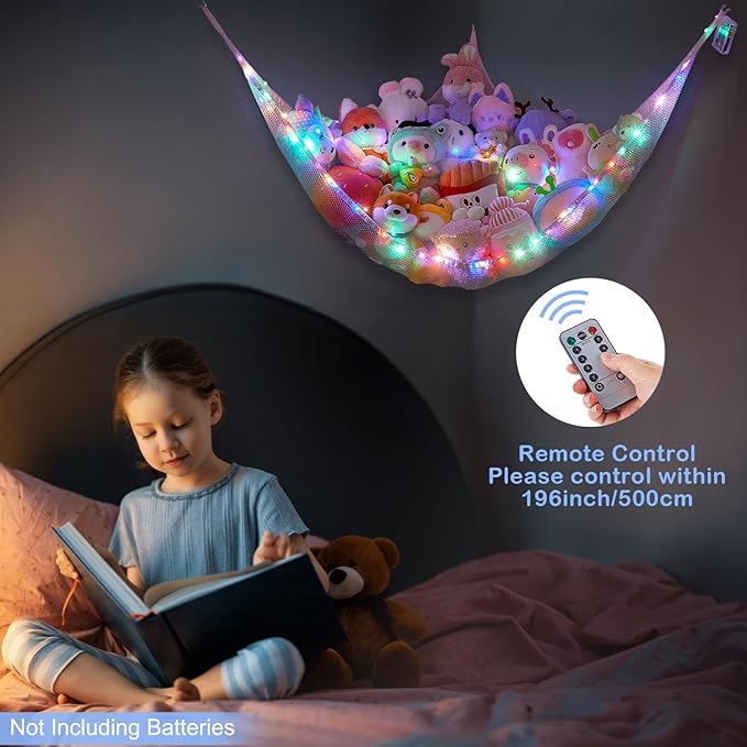 Basumee Stuffed Animals Net or Hammock with LED Light Hanging Toy Net Hammock for Stuffed Animals Storage Stuff Animals Hammocks for Nursery Room with Remote Control, 8 Kinds of Lights(Pack of 1)