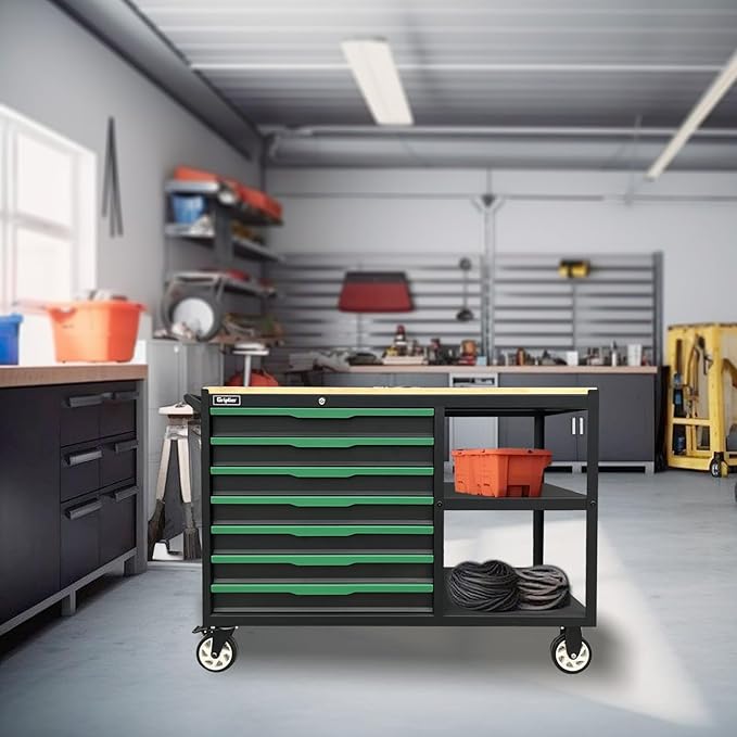 7-Drawers Professional Tool Cart Cabinet,Rolling Tool Chest with Double Shelves,Wood Workbench,51.1W x 18.9D x 32.3H inches for Garage, Workshop, or Outdoor Use(7 Drawers + 258 Pieces Tool)