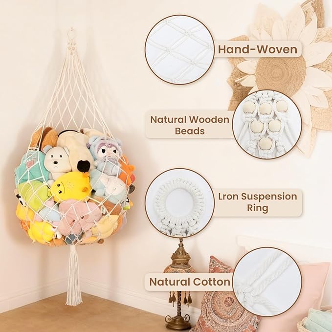 Stuffed Animal Storage Hammock Plushie Net Large Stuffed Animal Net Corner for Kids' Wall Room Decor Hanging Toy Storage Plushie Net Organizer Holder Kids Baby Nursery Wall Bedroom Home Decor (1 Tier)
