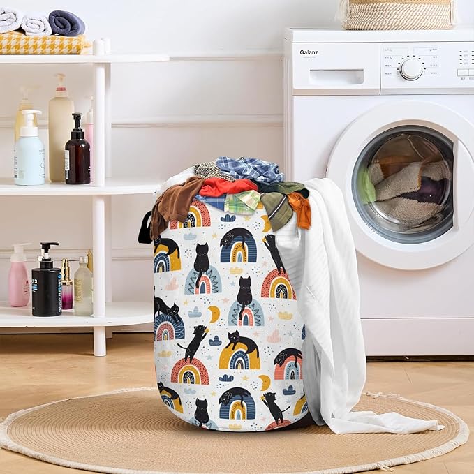 Rainbow Black Cat Laundry Basket with Sturdy Handles, Collapsible Oxford Cloth Laundry Hamper Organizer Basket for Bathroom Bedroom 15.7x20 Inch