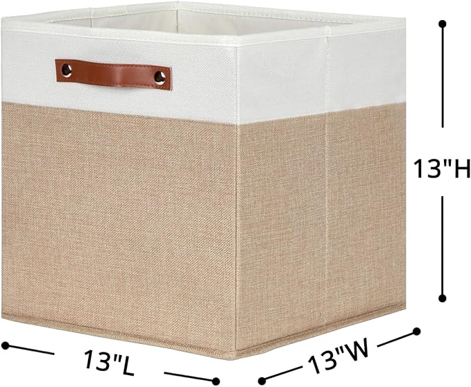 HNZIGE Fabric Cloth Storage Bins for Cube Organizers, Set of 4 Fabric Foldable Canvas Storage Bins for Shelves, Toy Nursery Closet Bedroom(Beige&White)