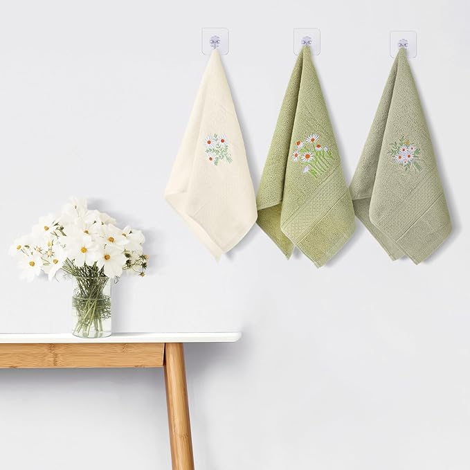 3 Pcs Daisy Floral Hand Towels Daisy Flowers Boho Bathroom Decor 14x29 Inch Cottage Core Embroidered Decorative 100% Cotton Soft Absorbent Hand Towels for Bathroom Kitchen