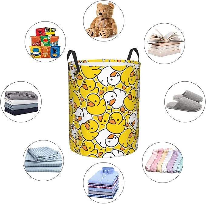 Cartoon Duckies Round Laundry Hamper Cute Rubber Ducks Storage Basket Toys Clothes Organizer Bin For Home Bathroom Bedroom Dorm Nursery, 62l