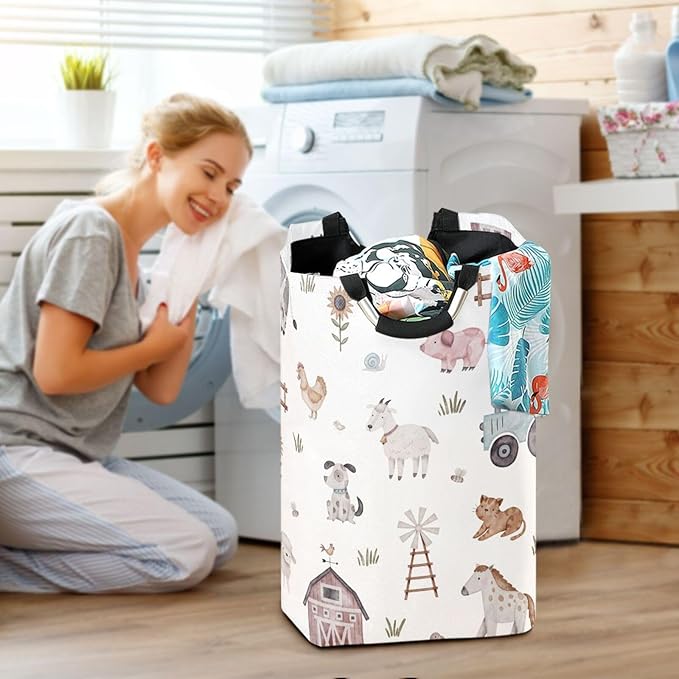 Kigai Farm Animal Laundry Basket Waterproof Collapsible Laundry Hamper Baby Hamper Dirty Clothes Organizer for Nursery Bedroom Dorm