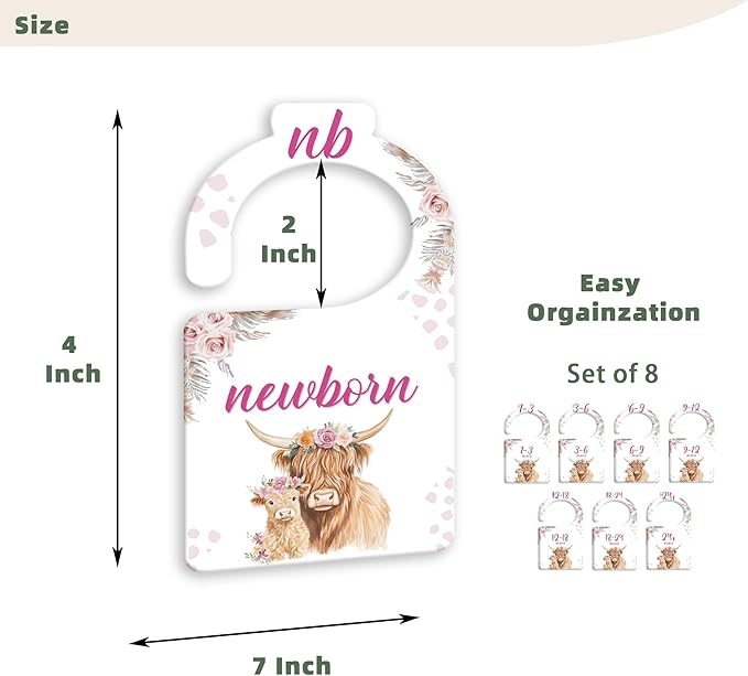 JMOST Hightland Cow Baby Closet Dividers for Nursery Closet Organizer, Newborn to 24 Months Size Clothes, Boho Hangers with Size Dividers, Double Sided