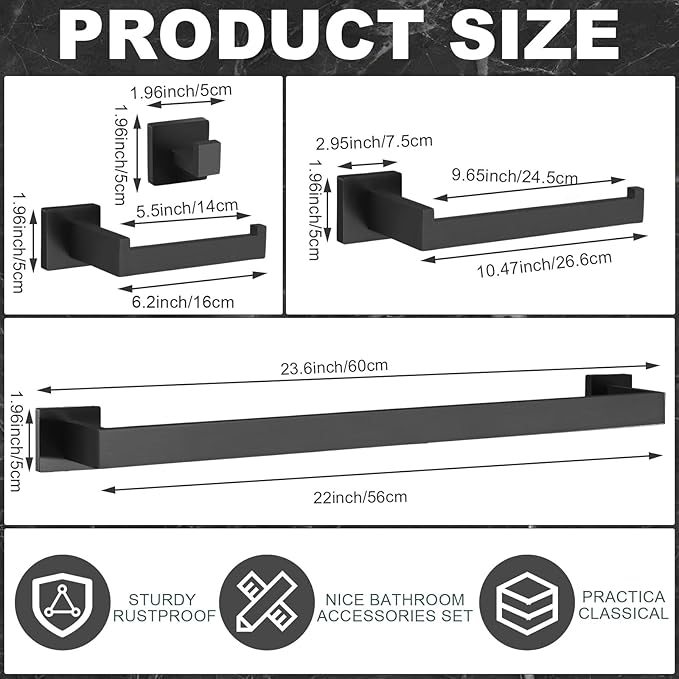 15 Pieces Bathroom Hardware Accessories Set, 23.6 Inch Stainless Steel Bath Towel Bar, Bathroom Hardware Set, Towel Racks Holder for Wall Mounted (Black)