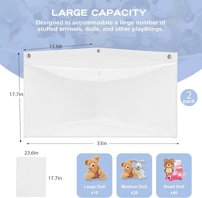 ANROYE 2PCS Large Corner Stuffed Animal Storage, Kids Plushies Toy White Wall Hammock for Girls Room, Baby Squishmallow Holder for Nursery, Organizer Idea for Bear Hanging Display Boy Gift