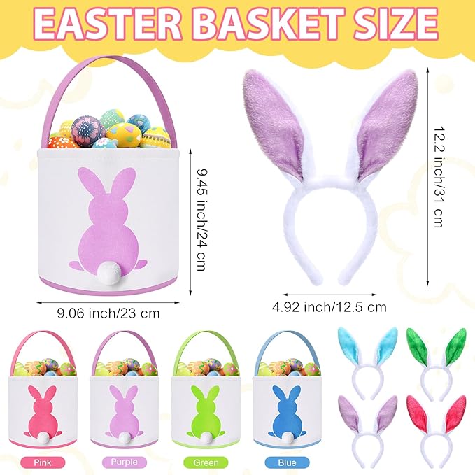 Domensi 4 Pcs Bunny Easter Basket Bags with 4 Plush Bunny Headband for Kids Adults Small Canvas Easter Baskets Bulk for Egg Hunt Favor; 9 x 9.45 Inches