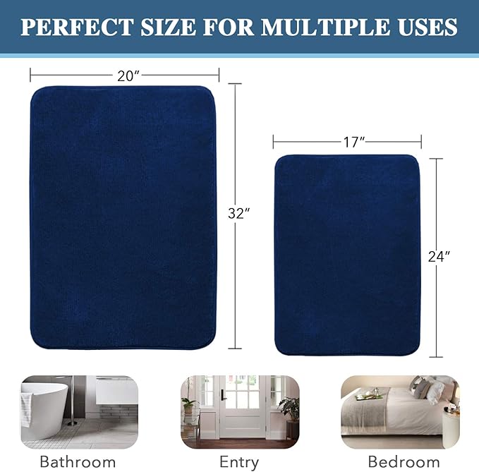 H.VERSAILTEX Bath Mat Memory Foam Set Bathroom Rug Set Flannel Velvety Bath Mat Luxury Extra Soft and Absorbent Non Slip Rugs for Bathroom/Bedroom Washable(2 Pack- 20"x 32"/ 17"x 24", Navy)