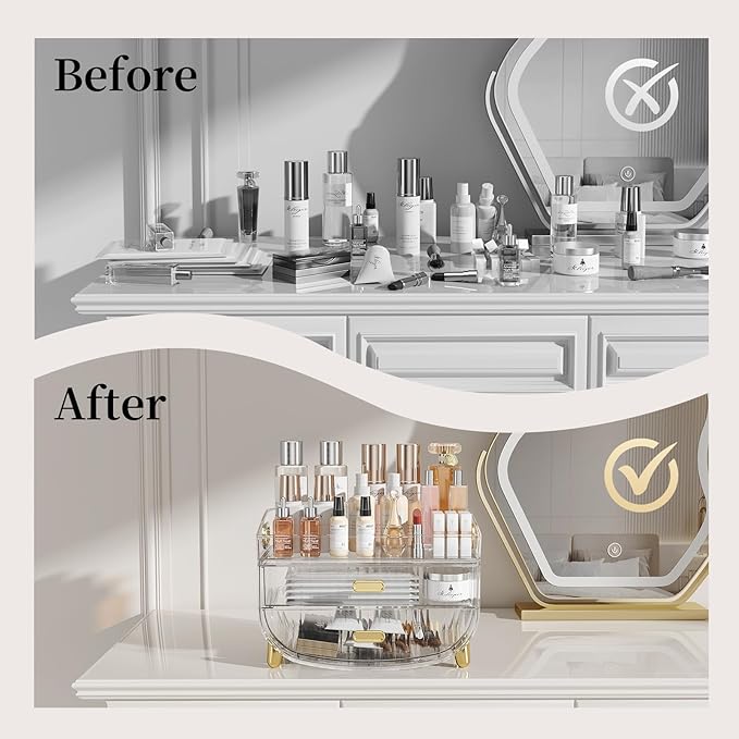 LAMU Makeup Organizer With 2 Drawers, Bathroom Storage With Four Non-Slip Feet And Dust-Proof, Simple And Stylish For Desktop, Vanity, Bathroom Countertops, Clear, Ideal Christmas Gifts for Girls