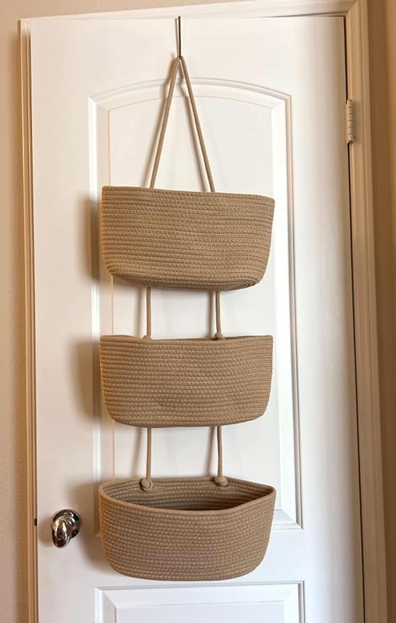 YYaaloa Woven Cotton Hanging Baskets for Organizing Decor 3-Tier Over the Door Wall-Mounted Storage Bag Nursery Baskets for Organizing Living Room, Bathroom and Bedroom (Brown)